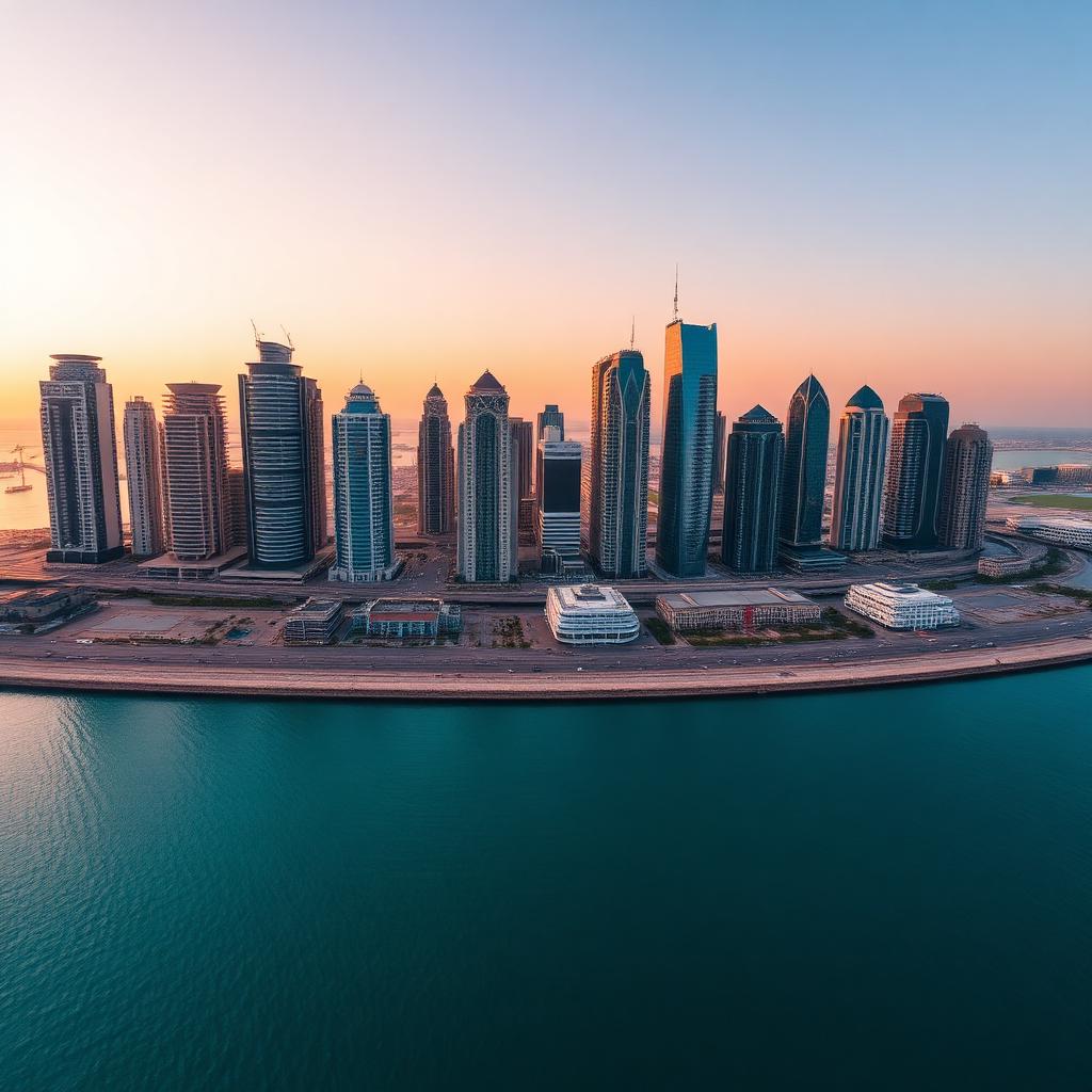 Doha skyline and Corniche at dusk, Qatar